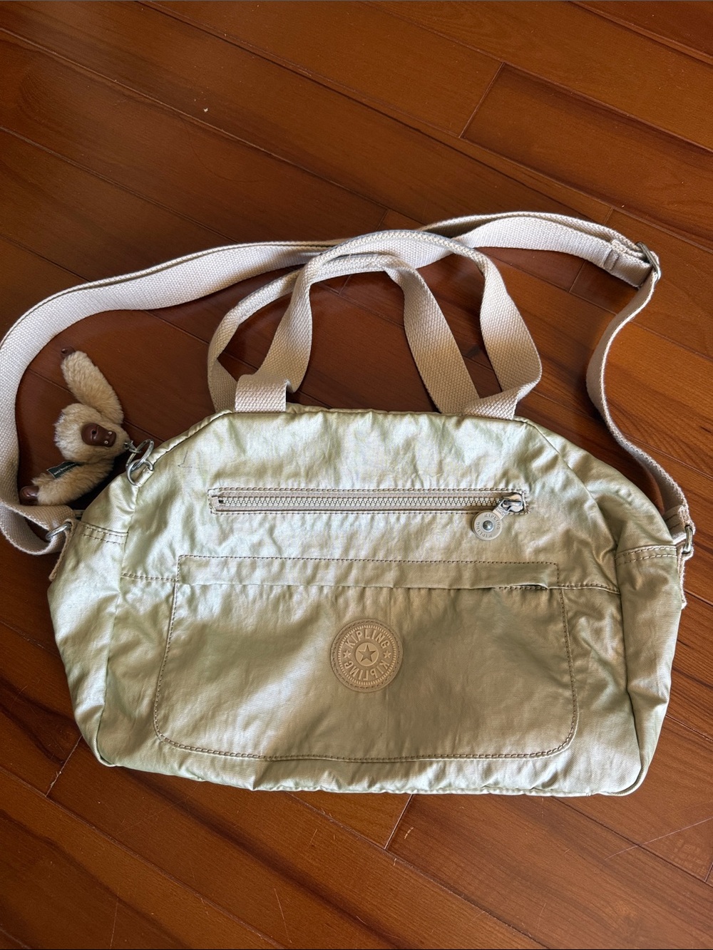 Kipling Light Beige Nylon Shoulder Bag with Monkey Charm